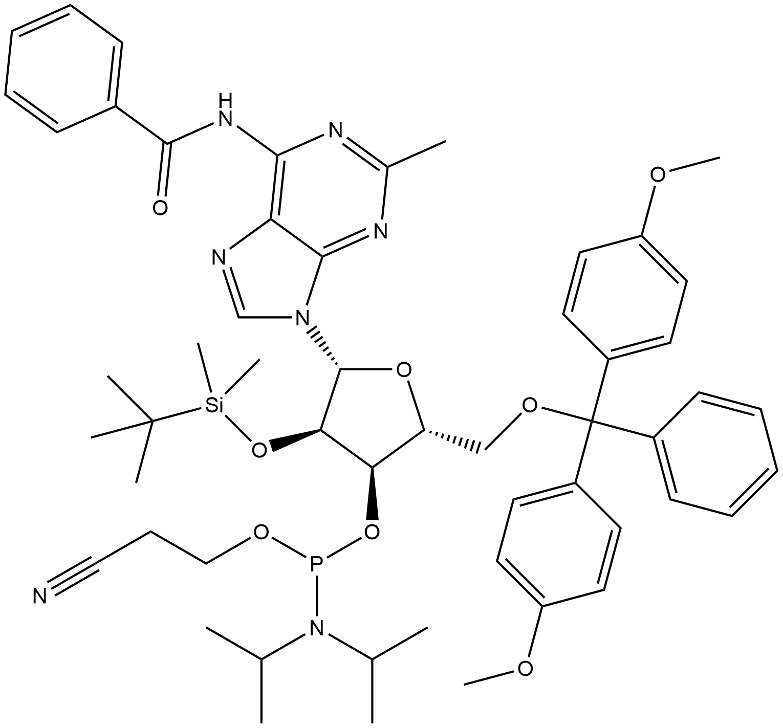 Adenosine, N-benzoyl-5'-O-[bis(4-methoxyphenyl)phenylmethyl]-2'-O-[(1,1-dimethylethyl)dimethylsilyl]-2-methyl-, 3'-[2-cyanoethyl N,N-bis(1-methylethyl)phosphoramidite] Struktur