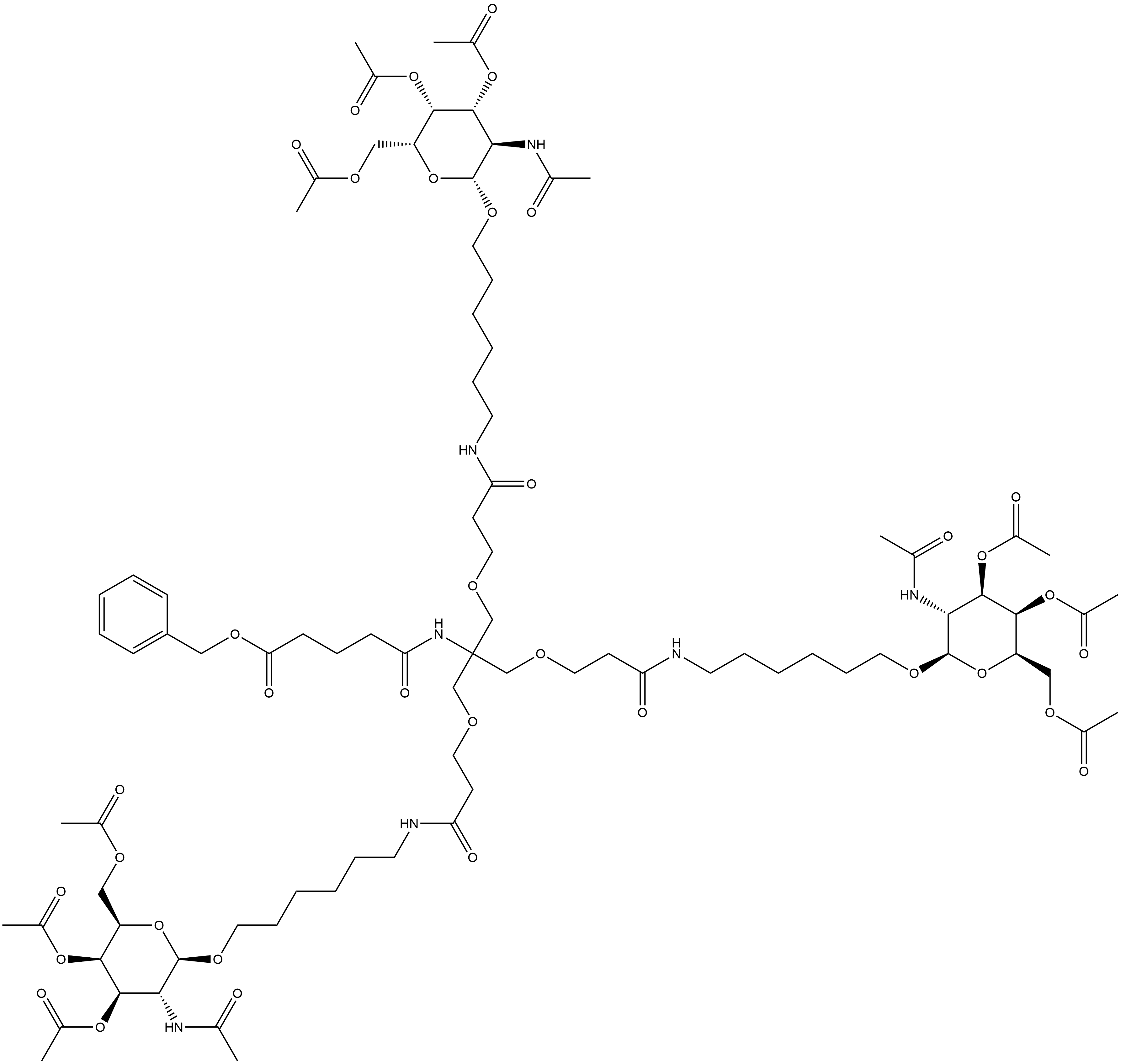 Pentanoic acid, 5-oxo-5-[[2-[3-oxo-3-[[6-[[3,4,6-tri-O-acetyl-2-(acetylamino)-2-deoxy-β-D-galactopyranosyl]oxy]hexyl]amino]propoxy]-1,1-bis[[3-oxo-3-[[6-[[3,4,6-tri-O-acetyl-2-(acetylamino)-2-deoxy-β-D-galactopyranosyl]oxy]hexyl]amino]propoxy]methyl]ethyl]amino]-, phenylmethyl ester Struktur