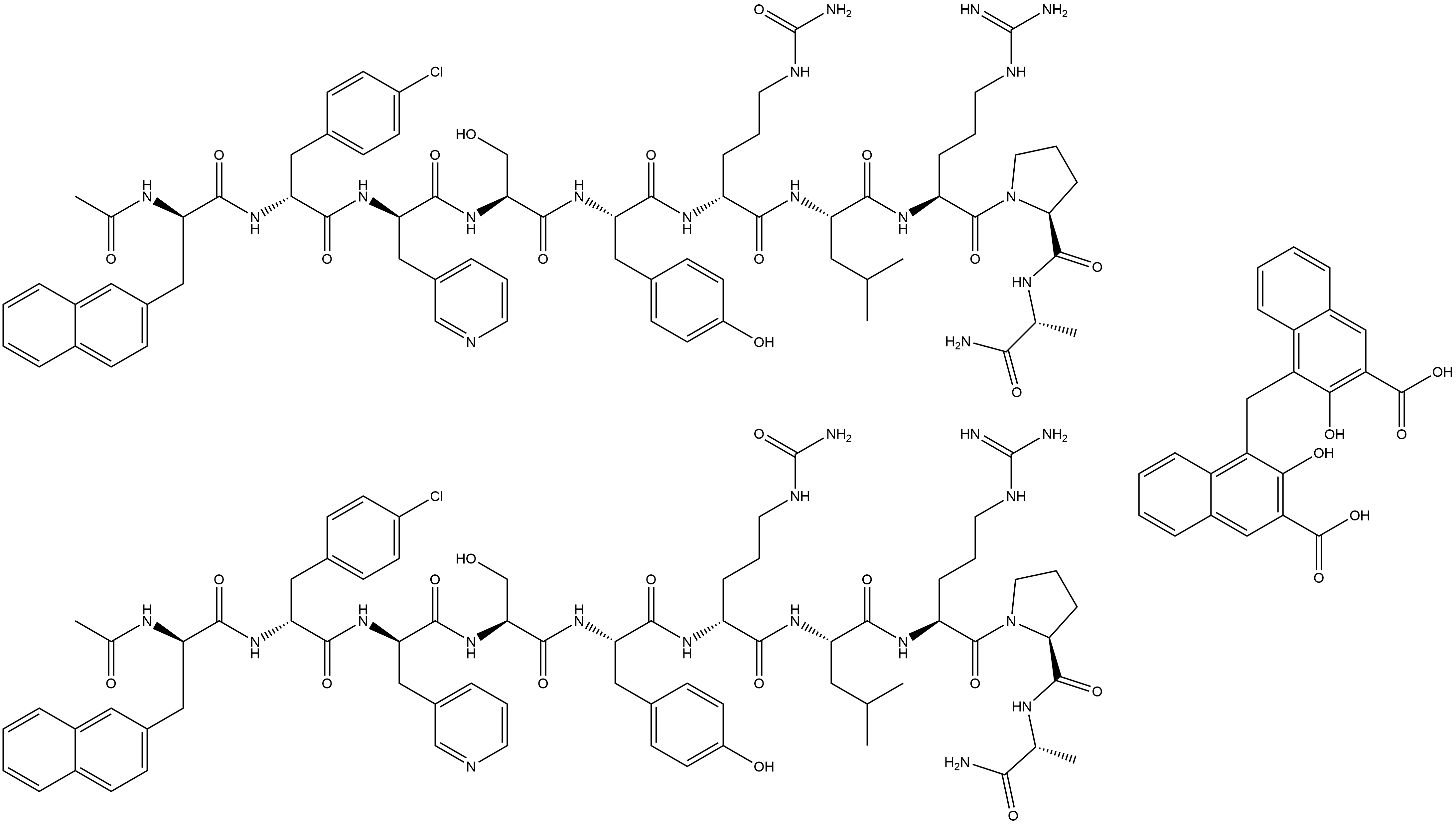 D-Alaninamide, N-acetyl-3-(2-naphthalenyl)-D-alanyl-4-chloro-D-phenylalanyl-3-(3-pyridinyl)-D-alanyl-L-seryl-L-tyrosyl-N5-(aminocarbonyl)-D-ornithyl-L-leucyl-L-arginyl-L-prolyl-, 4,4′-methylenebis[3-hydroxy-2-naphthalenecarboxylate] (2:1) (salt) Struktur