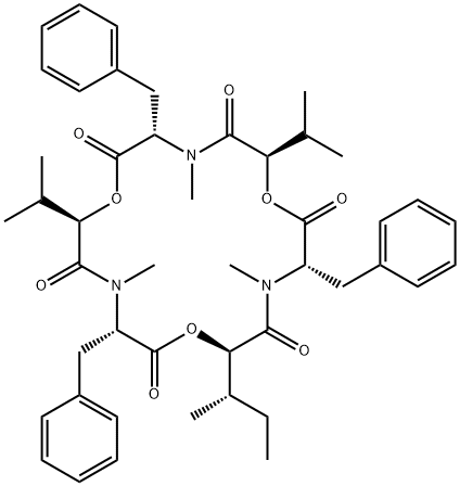 1,7,13-Trioxa-4,10,16-triazacyclooctadecane-2,5,8,11,14,17-hexone, 4,10,16-trimethyl-6,12-bis(1-methylethyl)-18-[(1S)-1-methylpropyl]-3,9,15-tris(phenylmethyl)-, (3S,6R,9S,12R,15S,18R)- Struktur