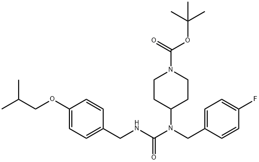 1-Piperidinecarboxylic acid, 4-[[(4-fluorophenyl)methyl][[[[4-(2-methylpropoxy)phenyl]methyl]amino]carbonyl]amino]-, 1,1-dimethylethyl ester Struktur