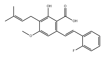 Benzoic acid, 6-[(1E)-2-(2-fluorophenyl)ethenyl]-2-hydroxy-4-methoxy-3-(3-methyl-2-buten-1-yl)- Struktur