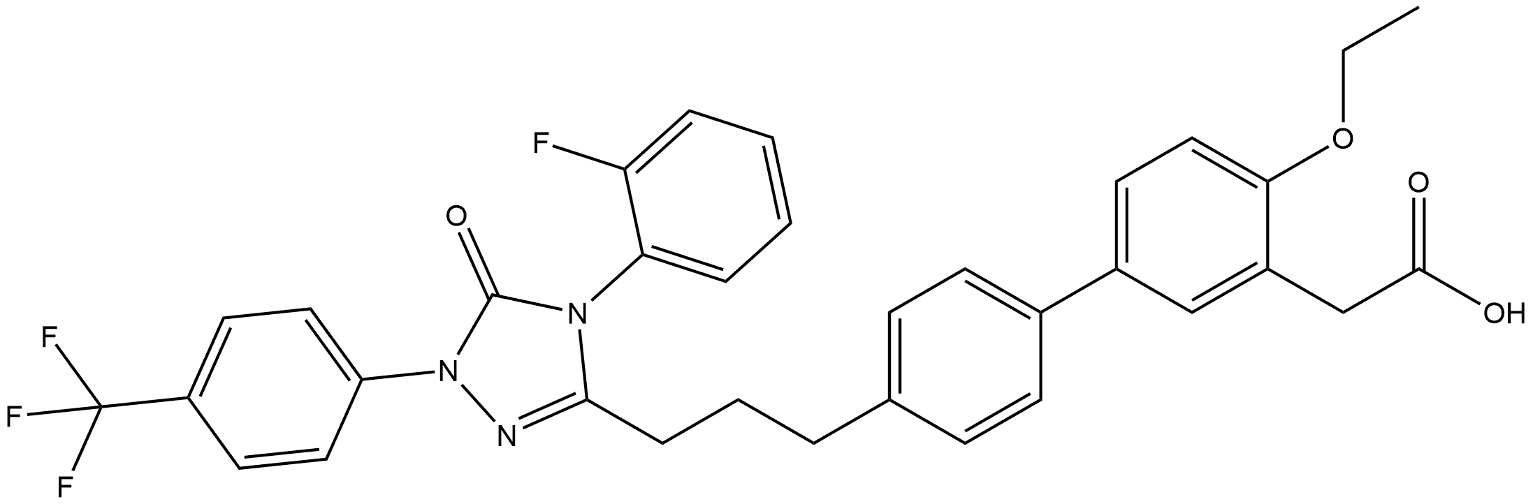 4-Ethoxy-4′-[3-[4-(2-fluorophenyl)-4,5-dihydro-5-oxo-1-[4-(trifluoromethyl)phenyl]-1H-1,2,4-triazol-3-yl]propyl][1,1′-biphenyl]-3-acetic acid Struktur