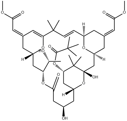 Propanoic acid, 2,2-dimethyl-, (1S,3S,5Z,7R,8E,13Z,15S,17R,21R,23R,25S)-1,21-dihydroxy-17-(1R)-1-hydroxyethyl-5,13-bis(2-methoxy-2-oxoethylidene)-10,10,26,26-tetramethyl-19-oxo-18,27,28,29-tetraoxatetracyclo21.3.1.13,7.111,15nonacosa-8,11-dien-25-yl ester Struktur