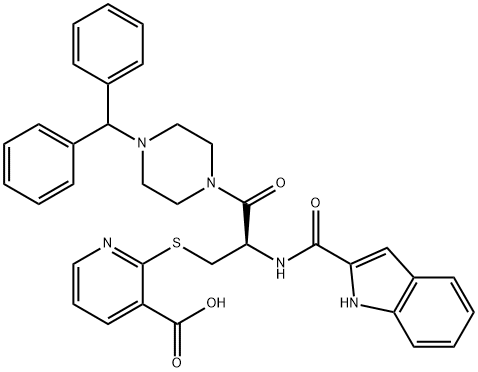 3-Pyridinecarboxylic acid, 2-[[(2R)-3-[4-(diphenylmethyl)-1-piperazinyl]-2-[(1H-indol-2-ylcarbonyl)amino]-3-oxopropyl]thio]- (9CI) Struktur