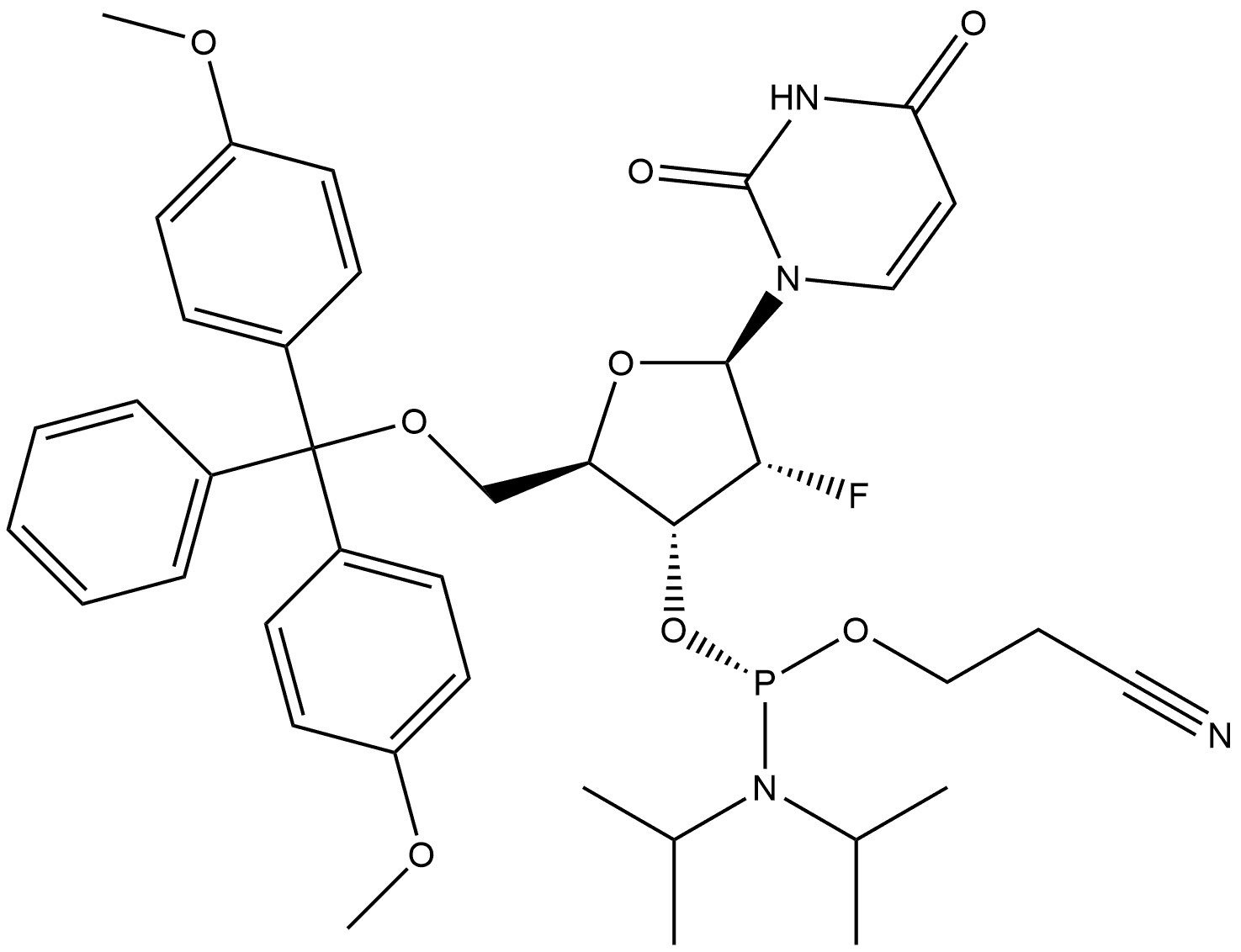 Uridine, 5'-O-[bis(4-methoxyphenyl)phenylmethyl]-2'-deoxy-2'-fluoro-, 3'-[2-cyanoethyl bis(1-methylethyl)phosphoramidite], (R)- (9CI) Struktur