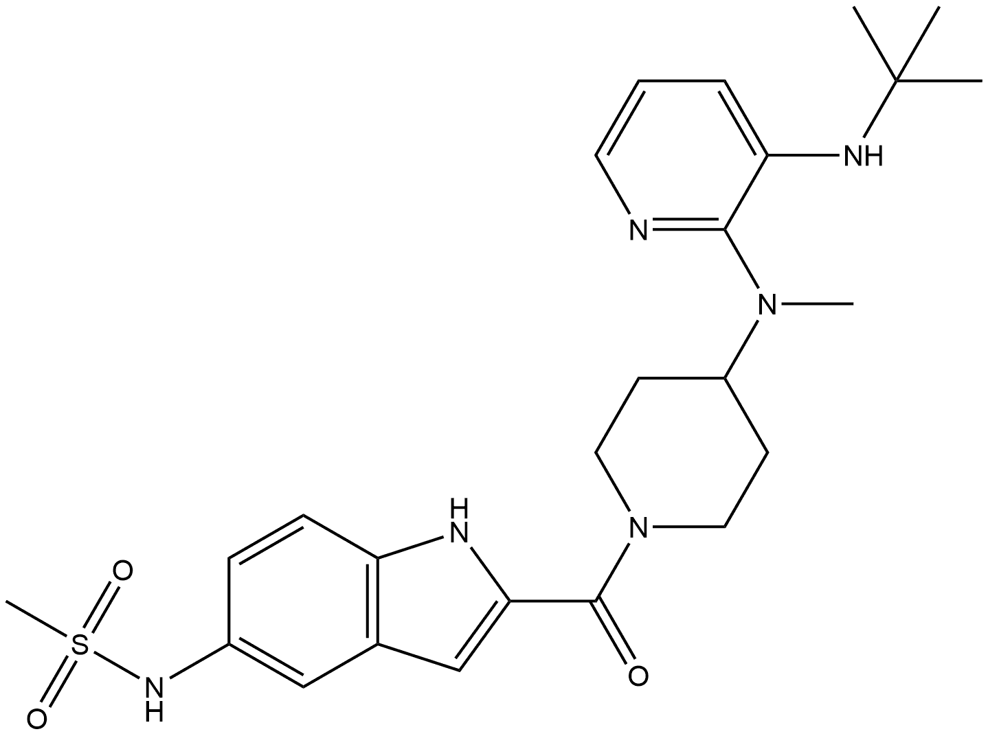 Methanesulfonamide, N-[2-[[4-[[3-[(1,1-dimethylethyl)amino]-2-pyridinyl]methylamino]-1-piperidinyl]carbonyl]-1H-indol-5-yl]- Struktur