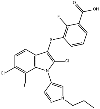 Benzoic acid, 3-[[2,6-dichloro-7-fluoro-1-(1-propyl-1H-pyrazol-4-yl)-1H-indol-3-yl]thio]-2-fluoro- Struktur