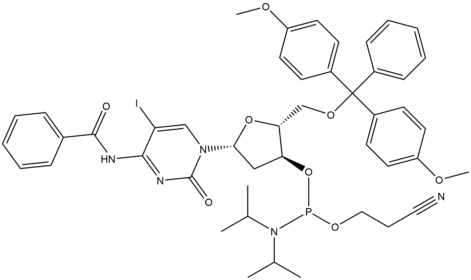 Cytidine, N-benzoyl-5'-O-[bis(4-methoxyphenyl)phenylmethyl]-2'-deoxy-5-iodo-, 3'-[2-cyanoethyl bis(1-methylethyl)phosphoramidite] (9CI) Struktur