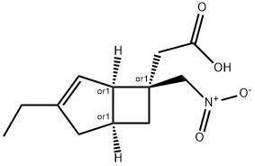 Bicyclo[3.2.0]hept-3-ene-6-acetic acid, 3-ethyl-6-(nitromethyl)-, (1R,5S,6R)-rel- Struktur