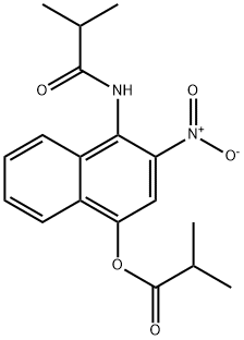 Propanoic acid, 2-methyl-, 4-[(2-methyl-1-oxopropyl)amino]-3-nitro-1-naphthalenyl ester Struktur