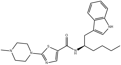 5-Thiazolecarboxamide, N-[(1R)-1-(1H-indol-3-ylmethyl)pentyl]-2-(4-methyl-1-piperazinyl)- Struktur