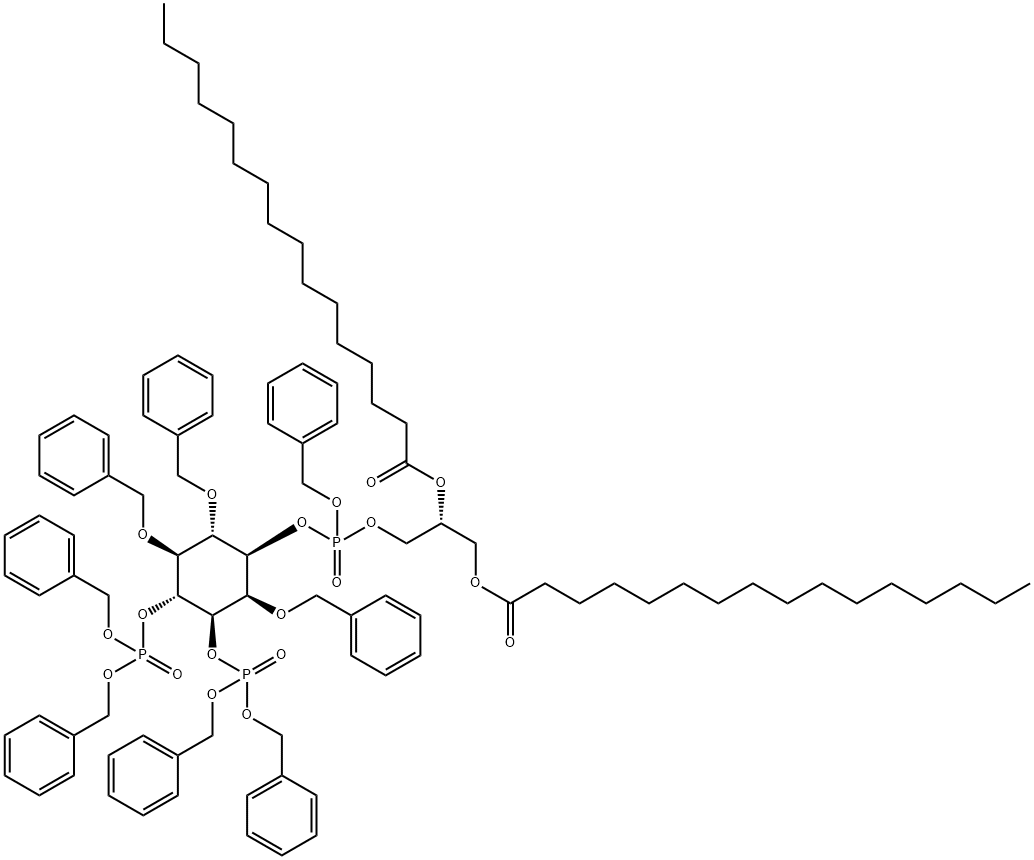 D-myo-Inositol, 2,5,6-tris-O-(phenylmethyl)-, 1-(2R)-2,3-bis(1-oxohexadecyl)oxypropyl phenylmethyl phosphate 3,4-bisbis(phenylmethyl) phosphate Struktur