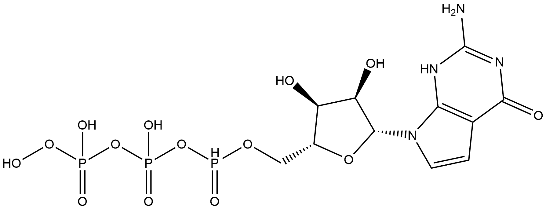 2-Amino-1,7-dihydro-7-[5-O-[hydroxy[[hydroxy(phosphonooxy)phosphinyl]oxy]phosphinyl]-β-D-ribofuranosyl]-4H-pyrrolo[2,3-d]pyrimidin-4-one Struktur