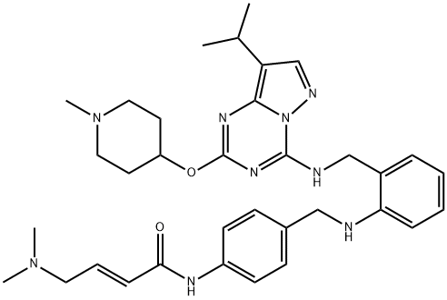 2-Butenamide, 4-(dimethylamino)-N-[4-[[[2-[[[8-(1-methylethyl)-2-[(1-methyl-4-piperidinyl)oxy]pyrazolo[1,5-a]-1,3,5-triazin-4-yl]amino]methyl]phenyl]amino]methyl]phenyl]-, (2E)- Struktur