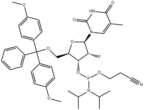 5'-O-(4,4'-Dimethoxytrityl)-2'-deoxy-2'-fluoro-5-methyluridine-3'-O-[(2-cyanoethyl)-(N,N-diisopropyl)]-phosphoramidite Struktur