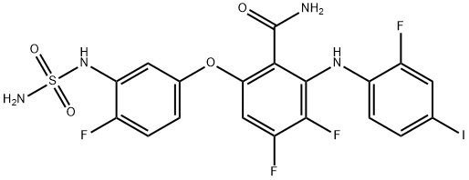 Benzamide, 6-[3-[(aminosulfonyl)amino]-4-fluorophenoxy]-3,4-difluoro-2-[(2-fluoro-4-iodophenyl)amino]- Struktur