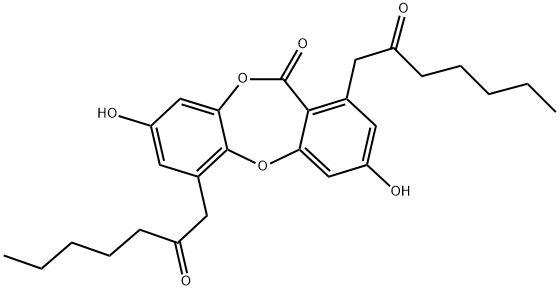 11H-Dibenzo[b,e][1,4]dioxepin-11-one, 3,8-dihydroxy-1,6-bis(2-oxoheptyl)- Struktur