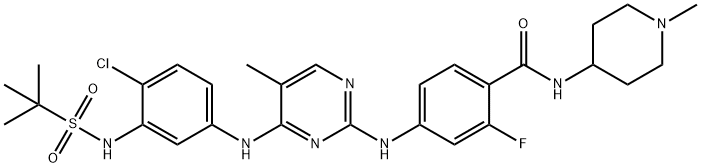 Benzamide, 4-[[4-[[4-chloro-3-[[(1,1-dimethylethyl)sulfonyl]amino]phenyl]amino]-5-methyl-2-pyrimidinyl]amino]-2-fluoro-N-(1-methyl-4-piperidinyl)- Struktur