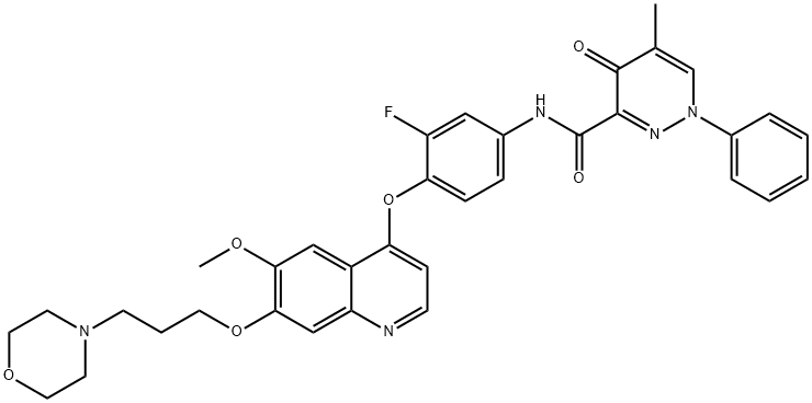 3-Pyridazinecarboxamide, N-[3-fluoro-4-[[6-methoxy-7-[3-(4-morpholinyl)propoxy]-4-quinolinyl]oxy]phenyl]-1,4-dihydro-5-methyl-4-oxo-1-phenyl- Struktur