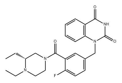 2,4(1H,3H)-Quinazolinedione, 1-[[3-[[(3R)-3,4-diethyl-1-piperazinyl]carbonyl]-4-fluorophenyl]methyl]- Struktur