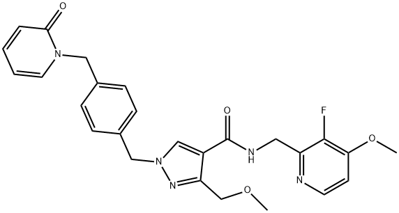 1H-Pyrazole-4-carboxamide, N-[(3-fluoro-4-methoxy-2-pyridinyl)methyl]-3-(methoxymethyl)-1-[[4-[(2-oxo-1(2H)-pyridinyl)methyl]phenyl]methyl]- Struktur