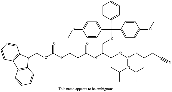 3-Dimethoxytrityloxy-2-(3-(fluorenylmethoxycarbonylamino)propanamido)propyl-1-O-(2-cyanoethyl)-(N,N-diisopropyl)-phosphoramidite Struktur