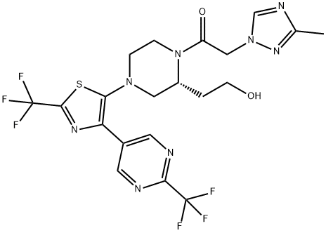 Ethanone, 1-[(2R)-2-(2-hydroxyethyl)-4-[2-(trifluoromethyl)-4-[2-(trifluoromethyl)-5-pyrimidinyl]-5-thiazolyl]-1-piperazinyl]-2-(3-methyl-1H-1,2,4-triazol-1-yl)- Struktur