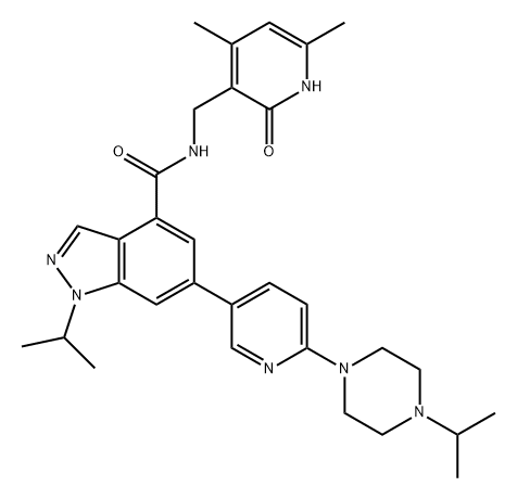 1H-Indazole-4-carboxamide, N-[(1,2-dihydro-4,6-dimethyl-2-oxo-3-pyridinyl)methyl]-1-(1-methylethyl)-6-[6-[4-(1-methylethyl)-1-piperazinyl]-3-pyridinyl]- Struktur