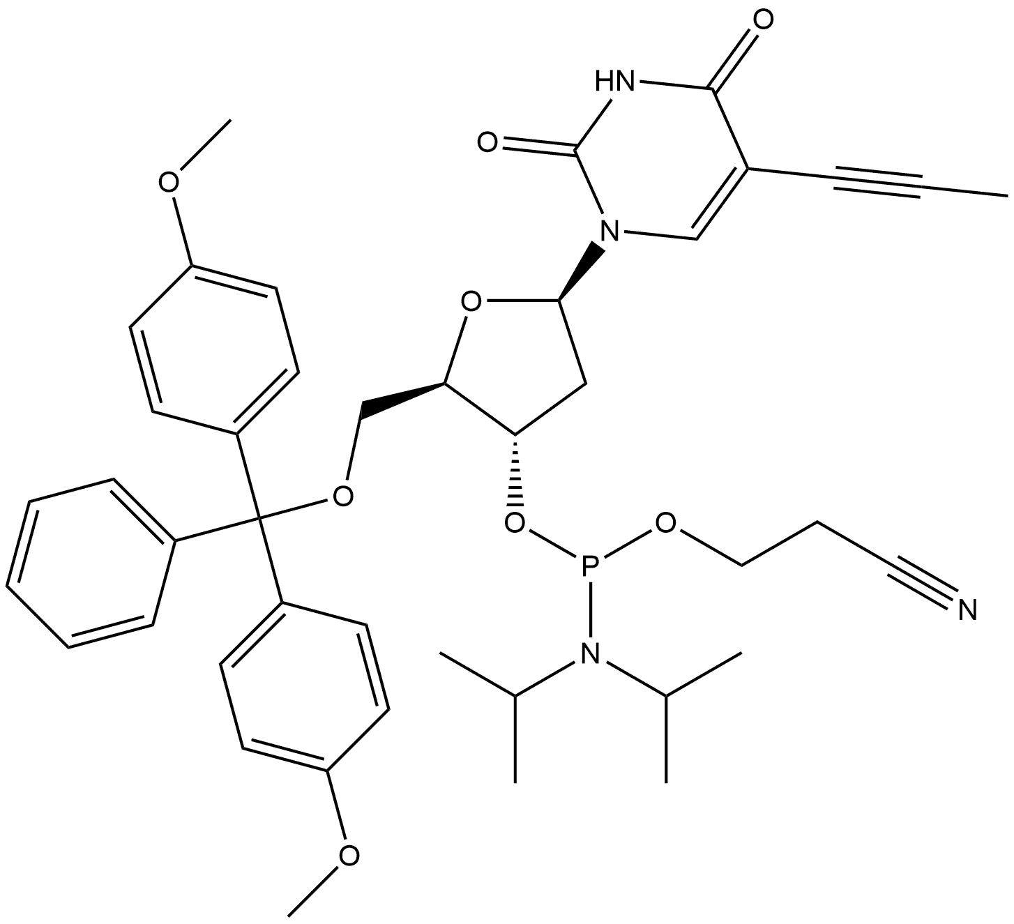 Uridine, 5'-O-[bis(4-methoxyphenyl)phenylmethyl]-2'-deoxy-5-(1-propyn-1-yl)-, 3'-[2-cyanoethyl N,N-bis(1-methylethyl)phosphoramidite] Struktur