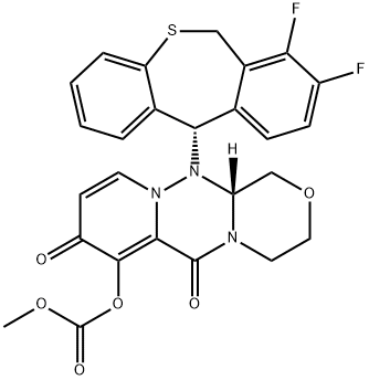 Carbonic acid, (12aR)-12-[(11S)-7,8-difluoro-6,11-dihydrodibenzo[b,e]thiepin-11-yl]-3,4,6,8,12,12a-hexahydro-6,8-dioxo-1H-[1,4]oxazino[3,4-c]pyrido[2,1-f][1,2,4]triazin-7-yl methyl ester Struktur