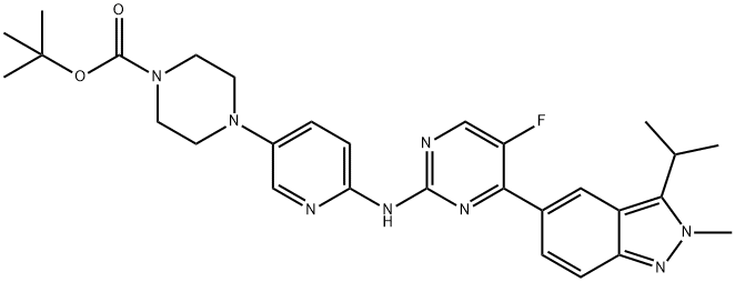 4-[6-({5-氟-4-[2-甲基-3-(丙-2-基)-2H-吲唑-5-基]嘧啶-2-基}氨基)吡啶-3-基]哌嗪-1-甲酸叔丁酯 結構式