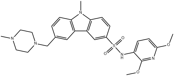 9H-Carbazole-3-sulfonamide, N-(2,6-dimethoxy-3-pyridinyl)-9-methyl-6-[(4-methyl-1-piperazinyl)methyl]- Struktur