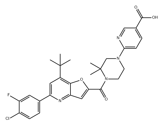 3-Pyridinecarboxylic acid, 6-[4-[[5-(4-chloro-3-fluorophenyl)-7-(1,1-dimethylethyl)furo[3,2-b]pyridin-2-yl]carbonyl]-3,3-dimethyl-1-piperazinyl]- Struktur