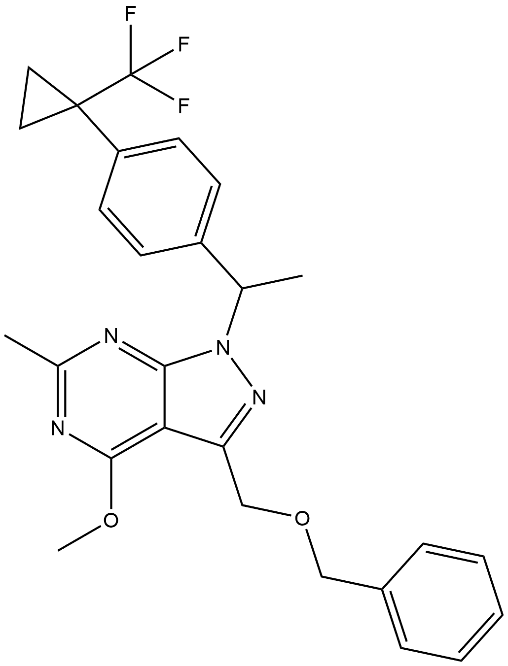 3-((benzyloxy)methyl)-4-methoxy-6-methyl-1-(1-(4-(1-(trifluoromethyl)cyclopropyl)phenyl)ethyl)-1H-pyrazolo[3,4-d]pyrimidine Struktur