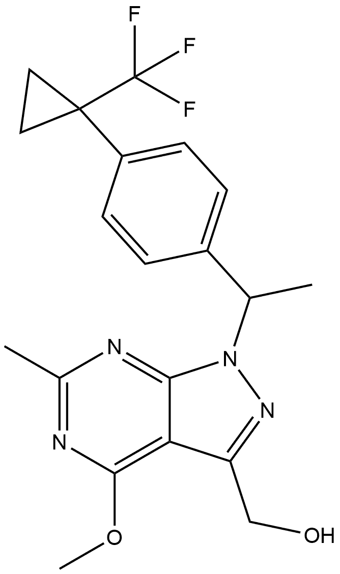 (4-methoxy-6-methyl-1-(1-(4-(1-(trifluoromethyl)cyclopropyl)phenyl)ethyl)-1H-pyrazolo[3,4-d]pyrimidin-3-yl)methanol Struktur