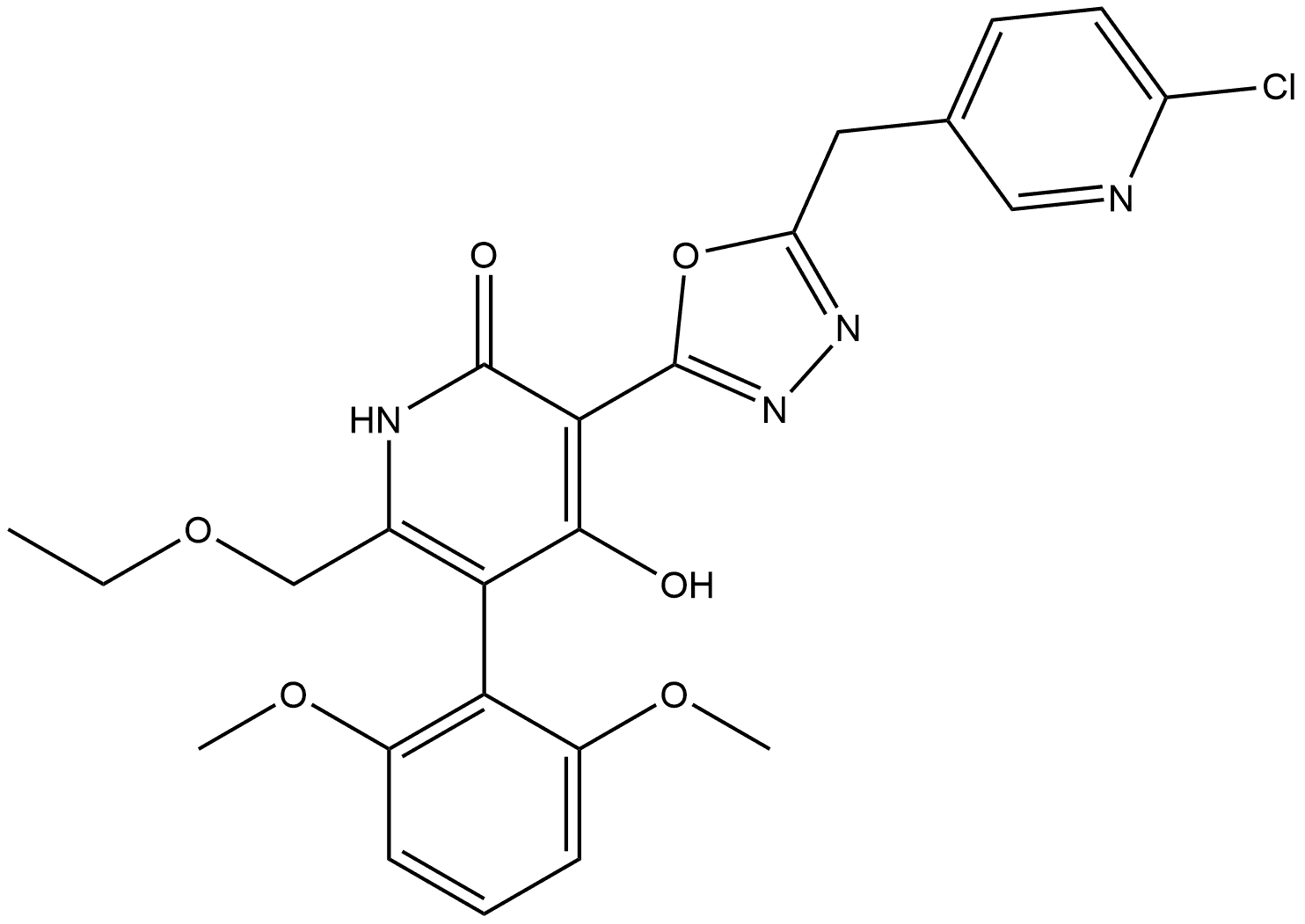 3-{5-[(6-chloropyridin-3-yl)methyl]-1,3,4-oxadiazol-2-yl}-5-(2,6-dimethoxyphenyl)-6-(ethoxymethyl)pyridine-2,4-diol Struktur