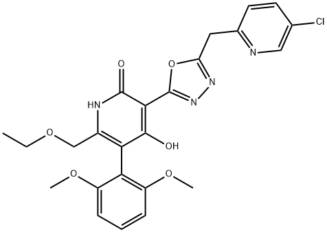 2(1H)-Pyridinone, 3-[5-[(5-chloro-2-pyridinyl)methyl]-1,3,4-oxadiazol-2-yl]-5-(2,6-dimethoxyphenyl)-6-(ethoxymethyl)-4-hydroxy- Struktur