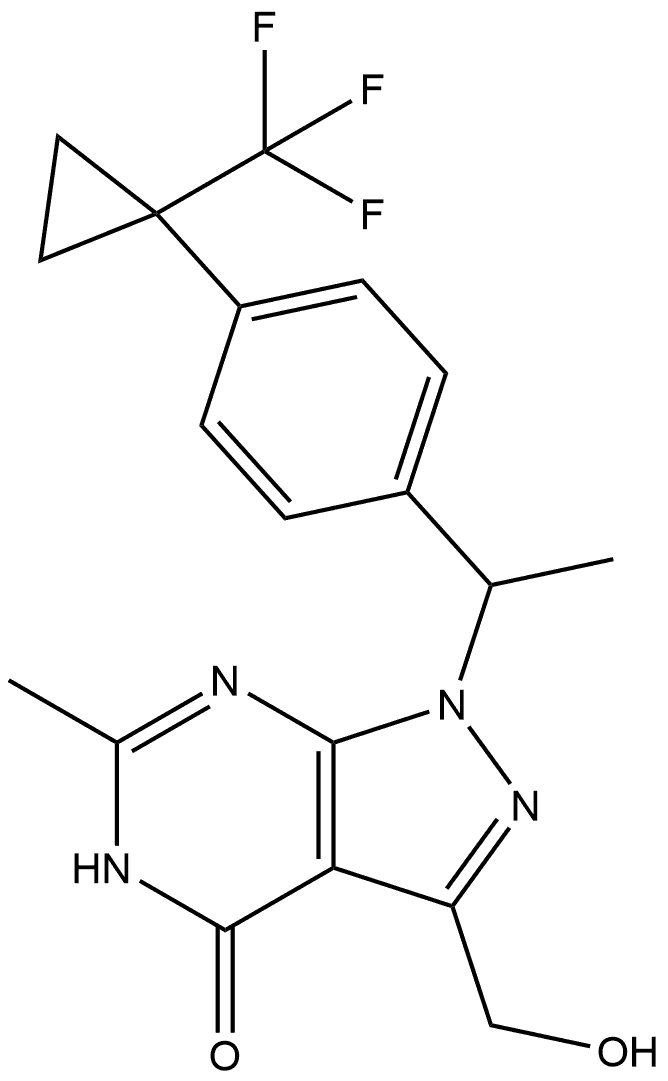 3-(hydroxymethyl)-6-methyl-1-(1-(4-(1-(trifluoromethyl)cyclopropyl)phenyl)ethyl)-1,5-dihydro-4H-pyrazolo[3,4-d]pyrimidin-4-one Struktur