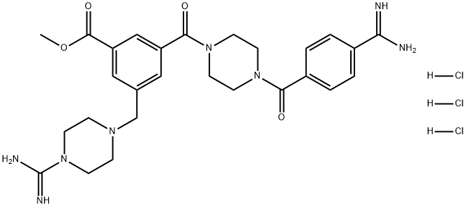 Benzoic acid, 3-[[4-[4-(aminoiminomethyl)benzoyl]-1-piperazinyl]carbonyl]-5-[[4-(aminoiminomethyl)-1-piperazinyl]methyl]-, methyl ester, hydrochloride (1:3) Struktur