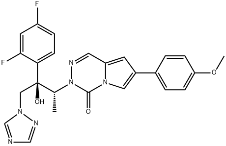 Pyrrolo[1,2-d][1,2,4]triazin-4(3H)-one, 3-[(1R,2R)-2-(2,4-difluorophenyl)-2-hydroxy-1-methyl-3-(1H-1,2,4-triazol-1-yl)propyl]-7-(4-methoxyphenyl)- Struktur