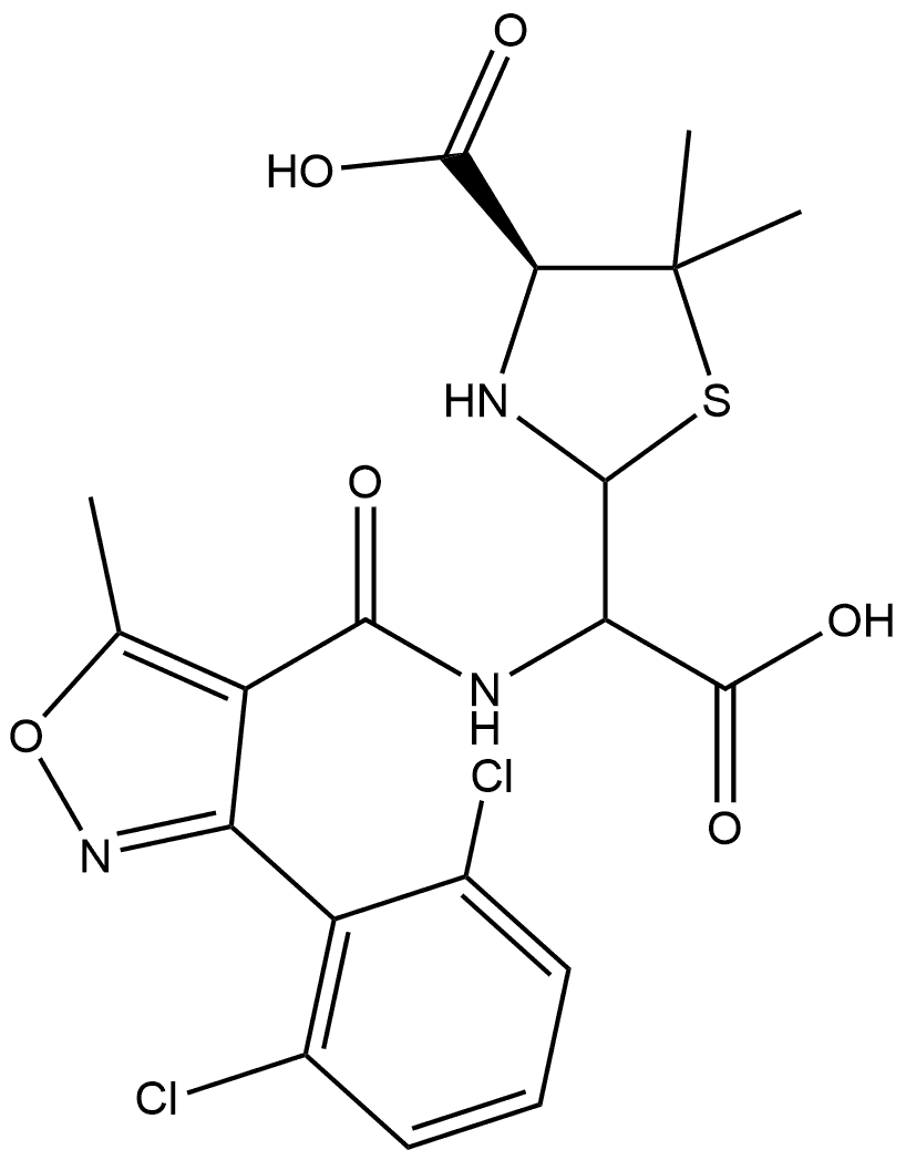 2-Thiazolidineacetic acid, 4-carboxy-α-[[[3-(2,6-dichlorophenyl)-5-methyl-4-isoxazolyl]carbonyl]amino]-5,5-dimethyl-, (4S)- Struktur