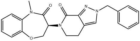 1,5-Benzoxazepin-4(5H)-one, 2,3-dihydro-5-methyl-3-[2,4,5,7-tetrahydro-7-oxo-2-(phenylmethyl)-6H-pyrazolo[3,4-c]pyridin-6-yl]-, (3S)- Struktur