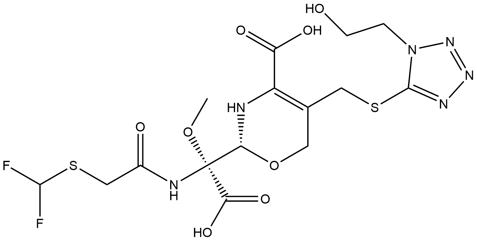 (αR,2R)-4-Carboxy-α-[[2-[(difluoromethyl)thio]acetyl]amino]-3,6-dihydro-5-[[[1-(2-hydroxyethyl)-1H-tetrazol-5-yl]thio]methyl]-α-methoxy-2H-1,3-oxazine-2-acetic acid Struktur