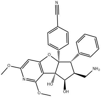 Benzonitrile, 4-[(5aR,6S,7S,8R,8aS)-7-(aminomethyl)-6,7,8,8a-tetrahydro-8,8a-dihydroxy-1,3-dimethoxy-6-phenyl-5aH-cyclopenta[4,5]furo[3,2-c]pyridin-5a-yl]- Struktur