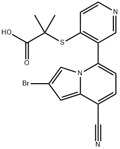 2-[[3-(2-Bromo-8-cyano-5-indolizinyl)-4-pyridinyl]thio]-2-methylpropanoic acid Struktur