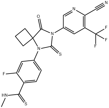 Benzenecarbothioamide, 4-[7-[6-cyano-5-(trifluoromethyl)-3-pyridinyl]-8-oxo-6-thioxo-5,7-diazaspiro[3.4]oct-5-yl]-2-fluoro-N-methyl- Struktur