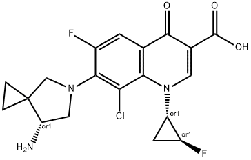 3-Quinolinecarboxylic acid, 7-[(7R)-7-amino-5-azaspiro[2.4]hept-5-yl]-8-chloro-6-fluoro-1-[(1S,2S)-2-fluorocyclopropyl]-1,4-dihydro-4-oxo-, rel- Struktur