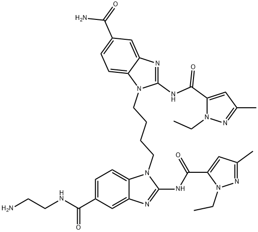 1H-Benzimidazole-5-carboxamide, 1-[4-[5-(aminocarbonyl)-2-[[(1-ethyl-3-methyl-1H-pyrazol-5-yl)carbonyl]amino]-1H-benzimidazol-1-yl]butyl]-N-(2-aminoethyl)-2-[[(1-ethyl-3-methyl-1H-pyrazol-5-yl)carbonyl]amino]- Struktur