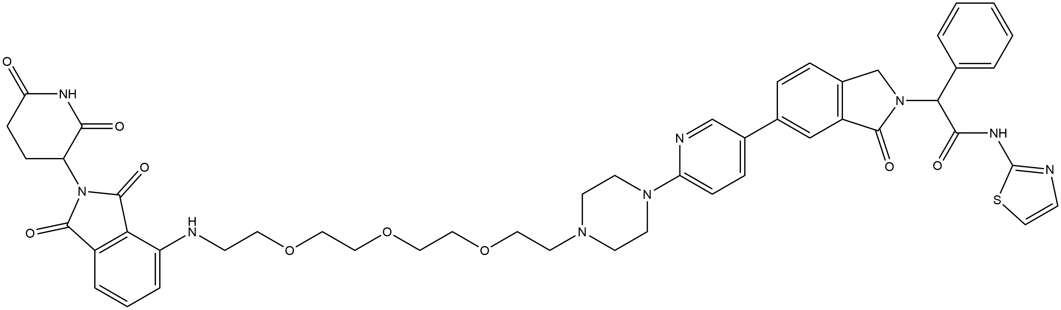 2H-Isoindole-2-acetamide, 6-[6-[4-[2-[2-[2-[2-[[2-(2,6-dioxo-3-piperidinyl)-2,3-dihydro-1,3-dioxo-1H-isoindol-4-yl]amino]ethoxy]ethoxy]ethoxy]ethyl]-1-piperazinyl]-3-pyridinyl]-1,3-dihydro-1-oxo-α-phenyl-N-2-thiazolyl- Struktur